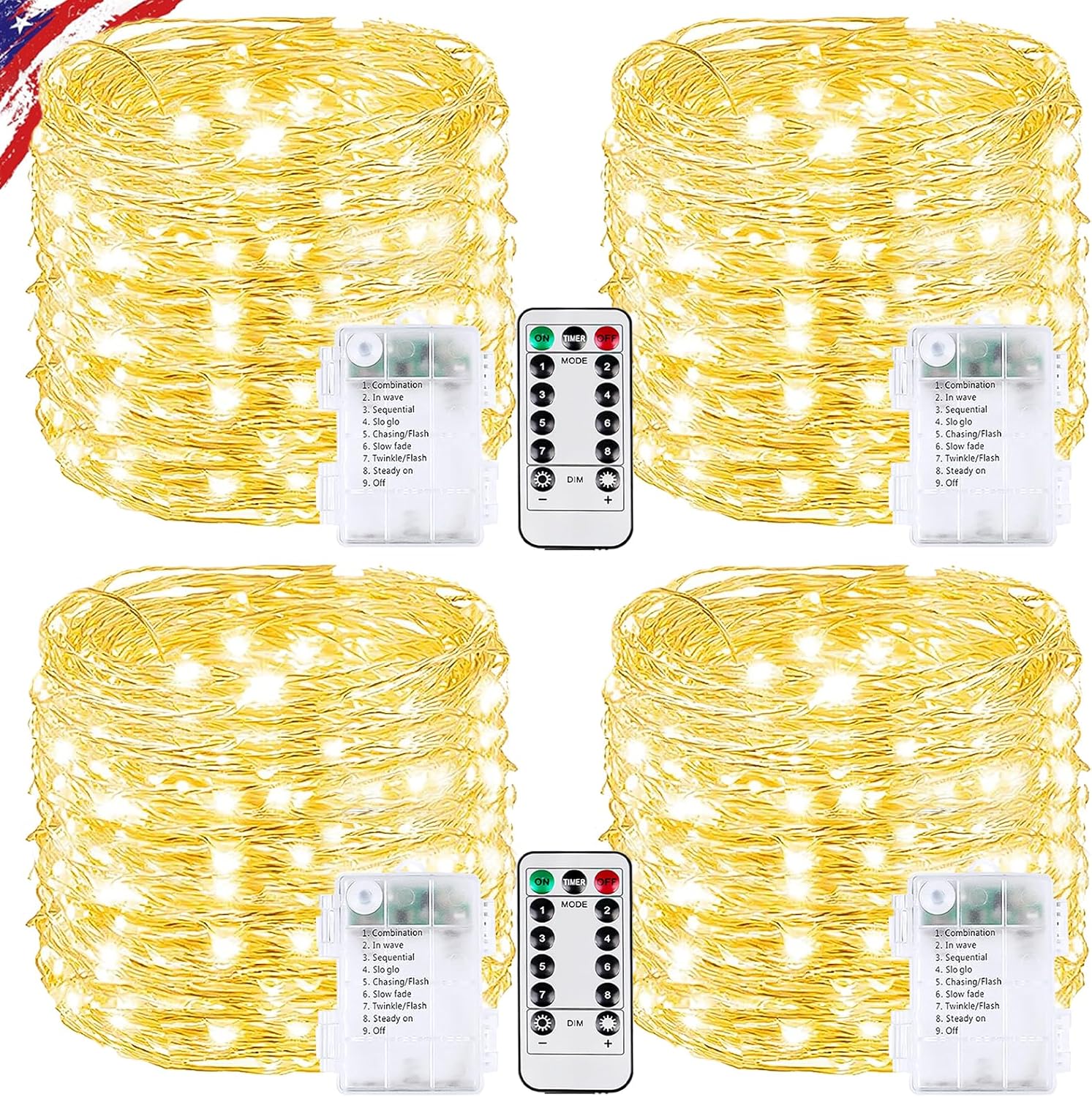 4 Pack Fairy Lights Battery Operated Twinkle Lights Remote Warm White | Total 132FT 400LED String Light, Timer & 8 Modes, Memory, Dimmable, Waterproof Battery Lights Indoor Outdoor Christmas Decor