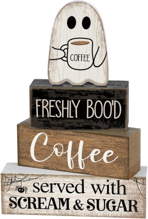 Lineshading 4 Pcs Halloween Coffee Table Decor Wooden Ghost Coffee Bar Sign | Stackable Blocks Bar Farmhouse Rustic Ghost Tiered Tray Decor Festive Boo Wooden Signs Home Office Kitchen Shelf