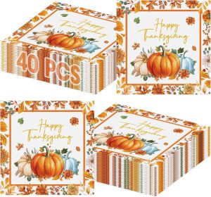 40 Pcs Happy Thanksgiving Napkins - 6.5 Inch Fall Watercolor Paper Napkins, 3-ply Disposable Pumpkin Maple Leaf Cocktail Napkin Tableware Set for Autumn Thanksgiving Party Decorations Supplies Favors