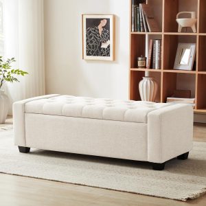 48" Ottoman with Storage, Beige Storage Ottoman Bench | Upholstered Entryway Bench with Seating for Bedroom, Living Room, with Safety Hinge, Holds up to 330 lb