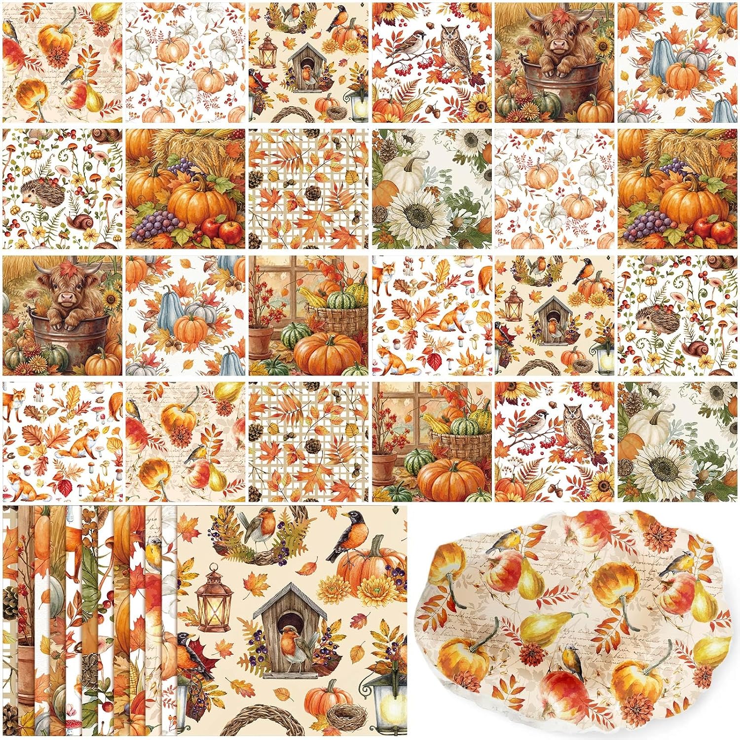 Tenceur 48 Pack 12 Styles Vintage Fall Napkins for Decoupage, 13 Inch | Autumn Decoupage Napkins, Harvest Pumpkin Highland Cow Decorative Tissue Paper for Crafts Thanksgiving DIY Project Home Decor