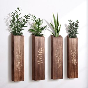Wooden Wall Vase Planter Set of 4 | Brown Finish Farmhouse & Boho Wall Decor for Entryway, Hallway, Bathroom, Living Room, Dining Room