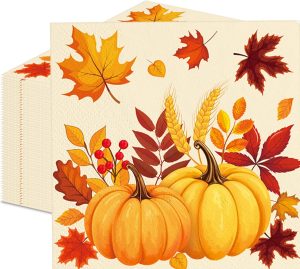 50 Pcs Fall Pumpkin Leaves Paper Napkins Set, 13x13 Inches Unfolded – Disposable Autumn Harvest Cocktail Napkins for Thanksgiving, Friendsgiving, and Fall Party Table Decorations