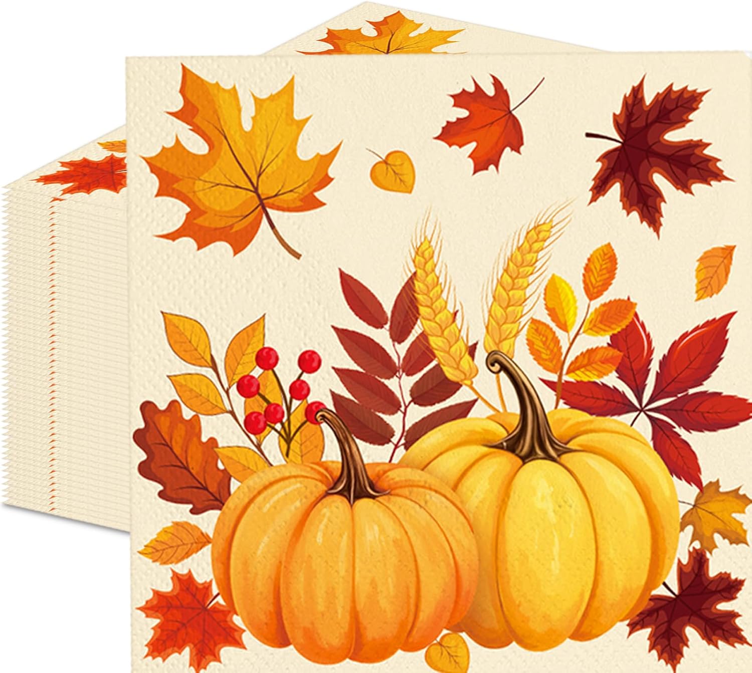 50 Pcs Fall Pumpkin Leaves Paper Napkins Set, 13x13 Inches Unfolded – Disposable Autumn Harvest Cocktail Napkins for Thanksgiving, Friendsgiving, and Fall Party Table Decorations