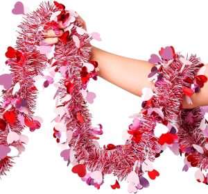 Valentines Garland Decor,50Ft Glitter Tinsel Heart Garland Decorations for Tree Mantle Bedroom Office Classroom Party Indoor Outdoor Holiday Home Pink Red White
