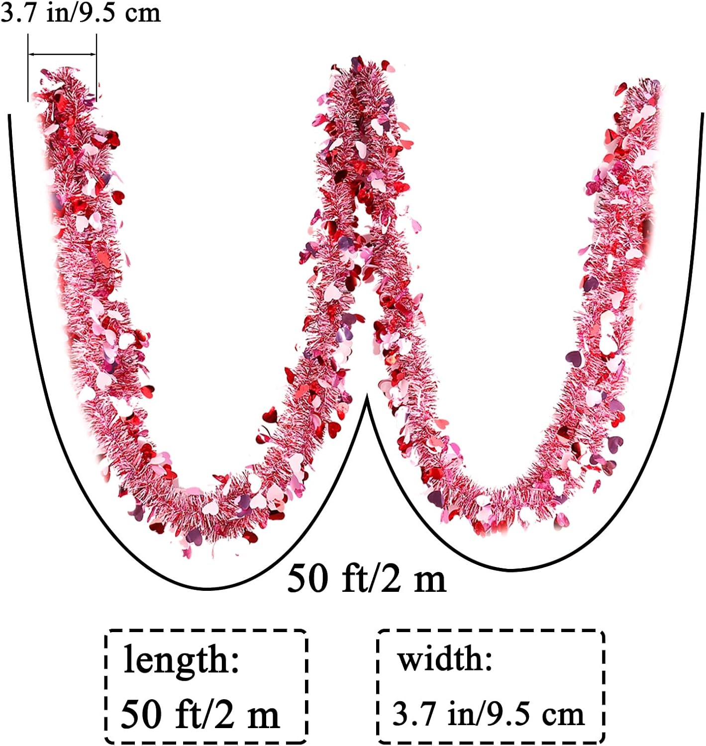 50ft Valentine Heart Glitter Tinsel Garland - Pink, Red, White Decor. - Image 2