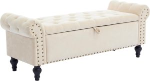 51" Storage Bench for Bedroom, Upholstered Ottoman Bench, Chenille Beige | End of Bed Bench for Bedroom, Window Benches for Living Room, Entryway, Ottoman with Large Storage Space, Pet Friendly