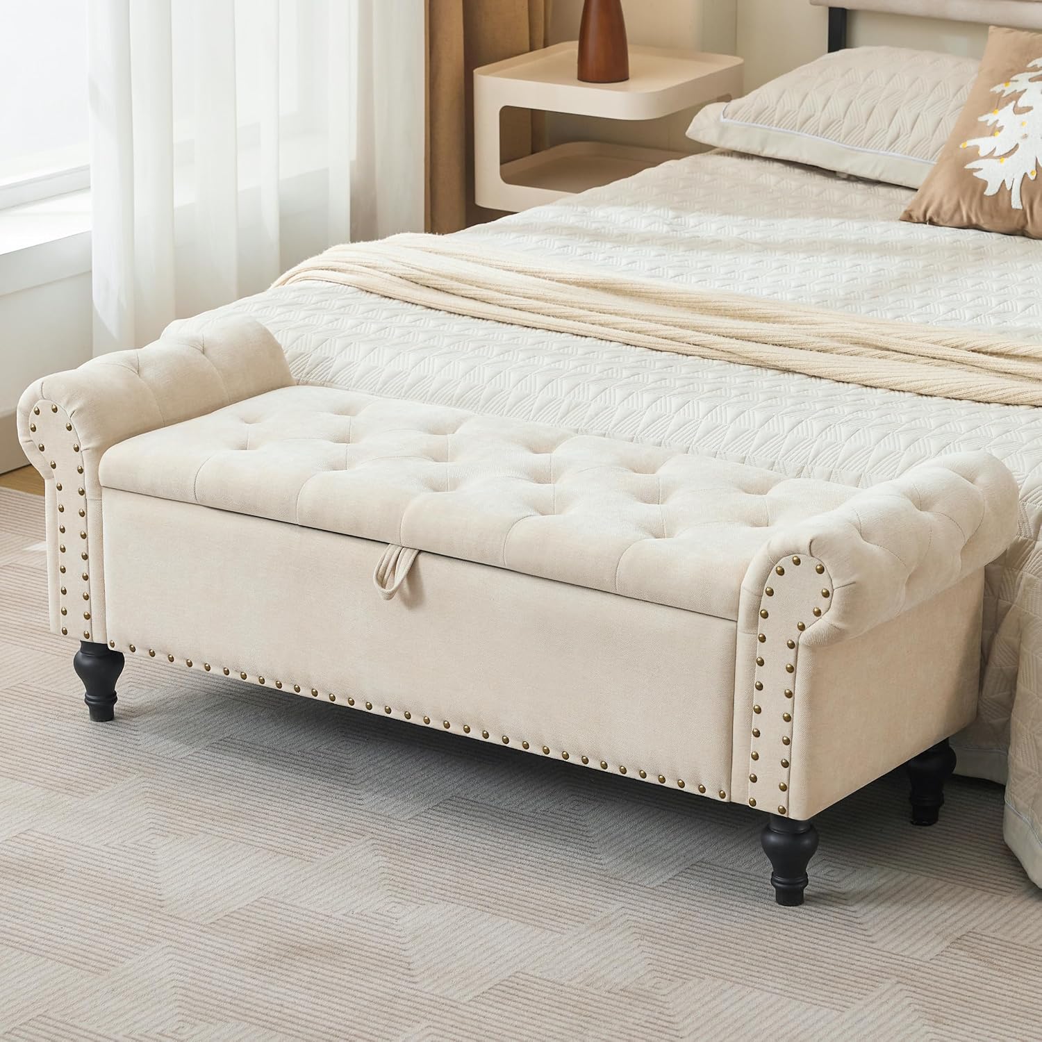 51" Large Beige Chenille Storage Ottoman Bench for Bed, Window, Entry. Pet-Friendly Review. - Image 2