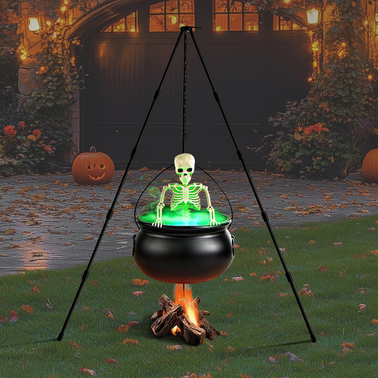 52" Outdoor Witch Cauldron Tripod Fogger & Skull w/ Green Mist - Image 2