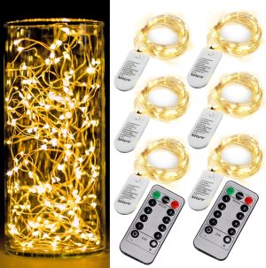 6 Pack Fairy Lights Battery Operated With Timer,2 Remotes,20 LED Warm White | 6.5ft Twinkle Lights,Waterproof Silver Wire Firefly Lights DIY Mason Jar Wedding Party Christmas Centerpiece Table Deco
