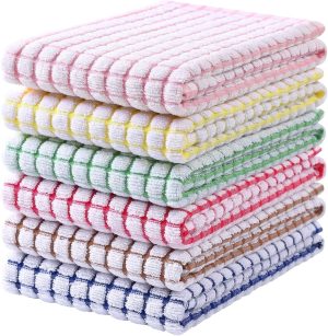 Mordimy Cotton 6 Pack Terry Kitchen Towels, 16 x 25 Inches | Super Soft and Absorbent Dish Towels, Quick Drying Hand Towels for Kitchen Drying, Red/Blue/Yellow/Green/Pink/Brown