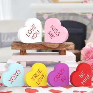 OLANRUN Valentines Day Decor, 6 Pcs Double Printed Wooden Conversation Hearts Decor for Valentine Galentines, Romantic Valentines Day Decorations Indoor for Home Office Table Tiered Tray Mantel Shelf