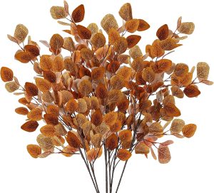 Sggvecsy 6 Pcs Fall Eucalyptus Leaves Artificial Eucalyptus Stems Long Silver Dollar Leaves Autumn Leaf Branches Fake Silk Eucalyptus for Indoor Home Autumn Thanksgiving Decor (Mixed Fall Color)