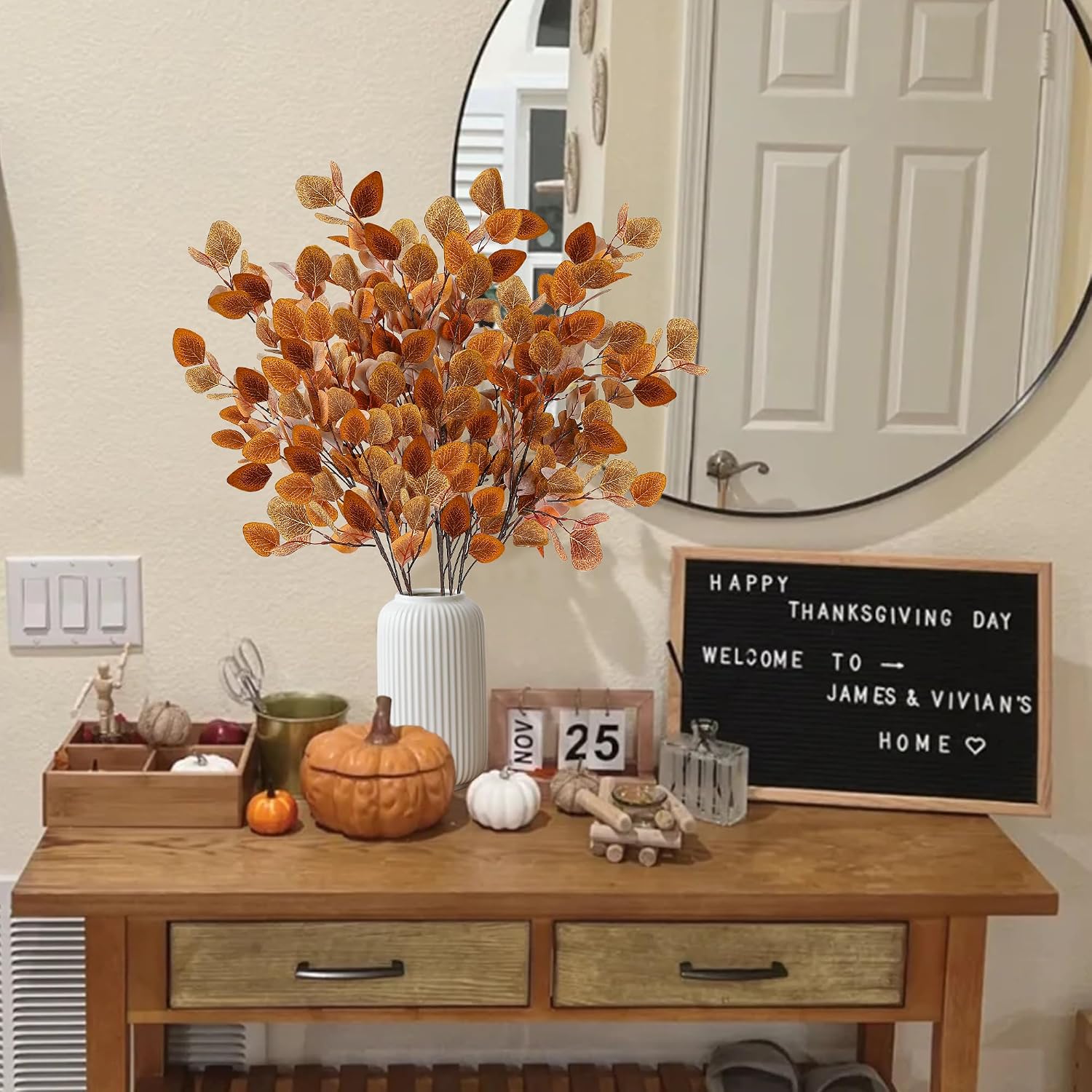 6 Pcs Mixed Fall Artificial Silver Dollar Eucalyptus Stems for Autumn Decor - Image 2