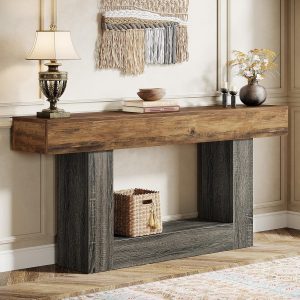 Tribesigns 63" Console Table, 2-Tier Entryway Table with U-Shaped Base | Narrow Long Sofa Table Behind Couch Table for Living Room, Hallway, Vintage Brown & Gray