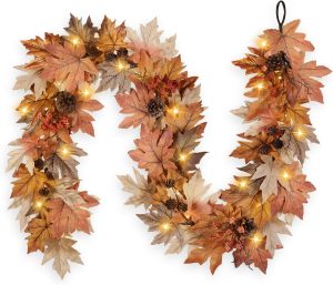 6 FT Lighted Fall Garland with Lights Autumn Automatic ON/Off Timer | Full Fall Leaves Garland with Berries Pine Cones Realistic Decorations for Home Mantle Fireplace Porch Thanksgiving Outdoor