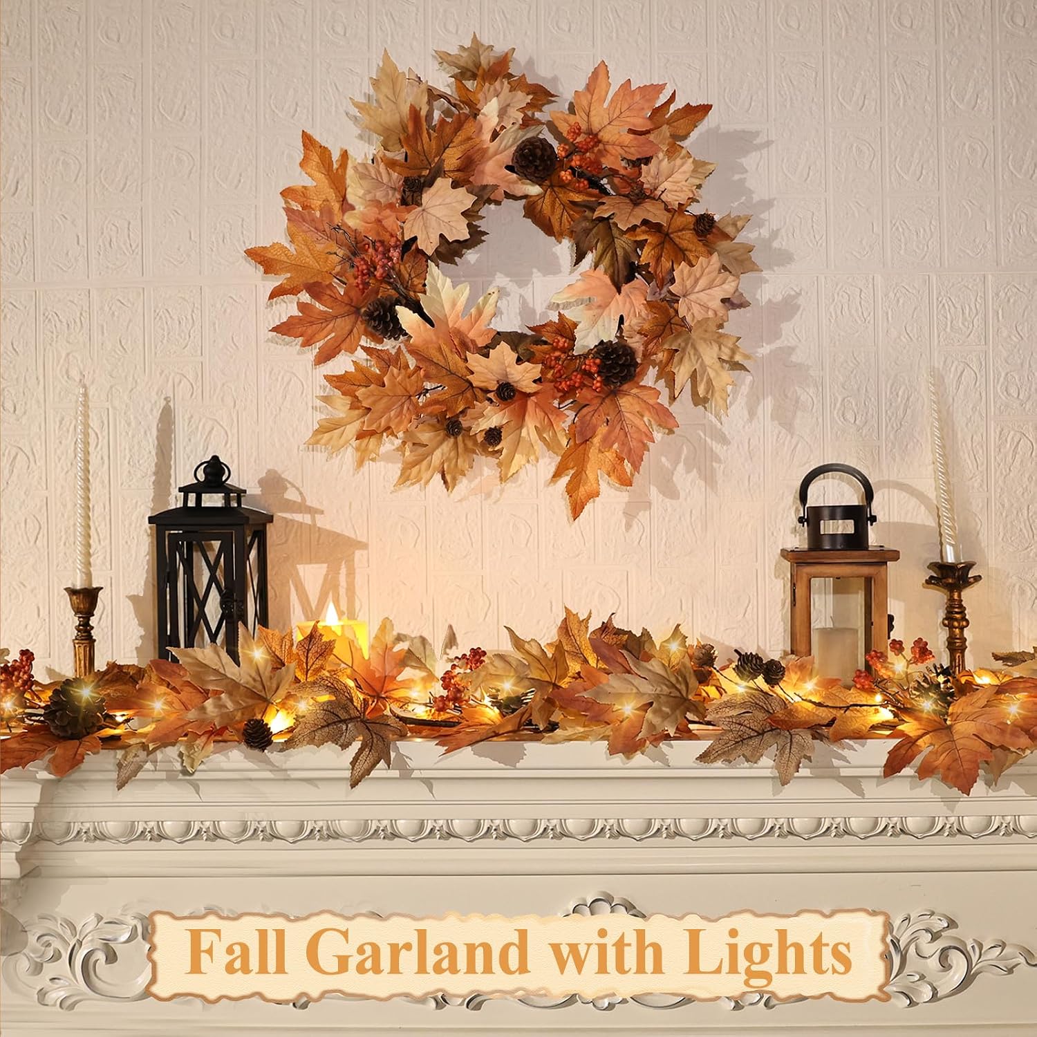 6FT Lighted Fall Garland with Timer, Realistic Leaves, Berries & Pine Cones for Decor - Image 2