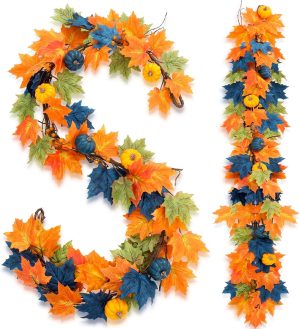 Thiccywoov Fall Garland Decor 6 ft Artificial Fall Berry Stems Floral Sticks Blue Orange Pumpkin Leaf Garland Decorations for Home Autumn Thanksgiving Home Fireplace Party Outdoor Indoor