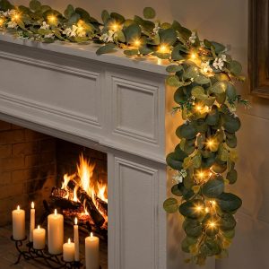 6Ft Lighted Eucalyptus Garland with 30 LED Lights String, Battery Operated Olive Leaf Greenery Garland for Table Centerpiece, Mantel Decor