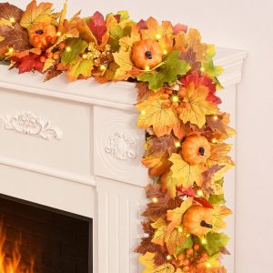6 FT Fall Garland with Lights for Mantle, Fall Decorations for Home | Full Fall Leaves Garland with Lifelike Pumpkins & Berries for Mantle Table Centerpiece Thanksgiving Fall Home Decor