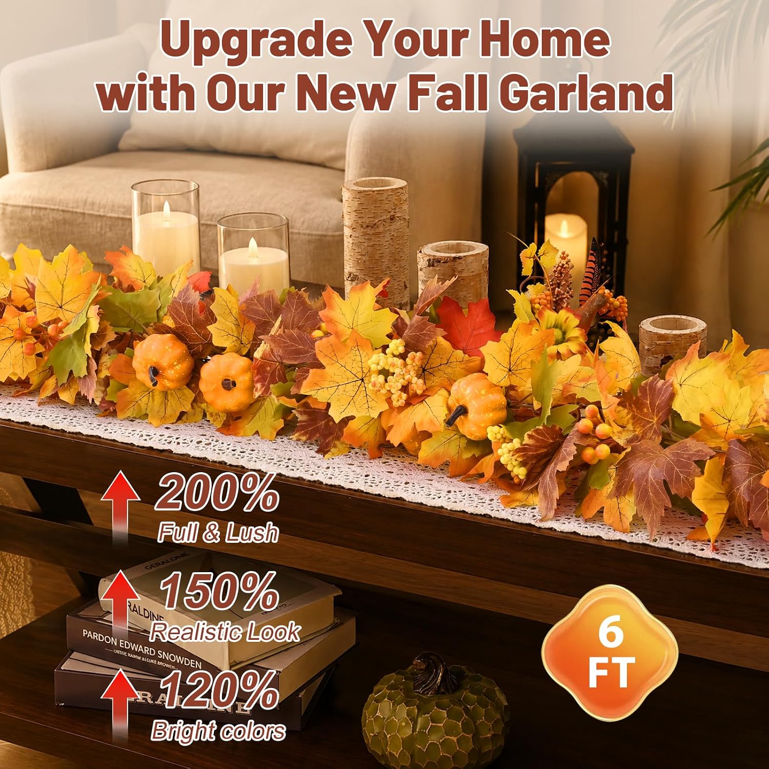 6ft Lighted Fall Garland: Lifelike Pumpkins & Berries for Fall Home Decor. - Image 2