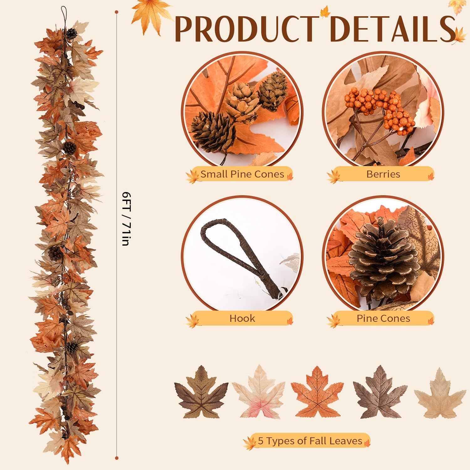 6ft Lighted Fall Garland Review: Maple Leaves, Berries, Pine Cones, Timer LEDs - Image 2