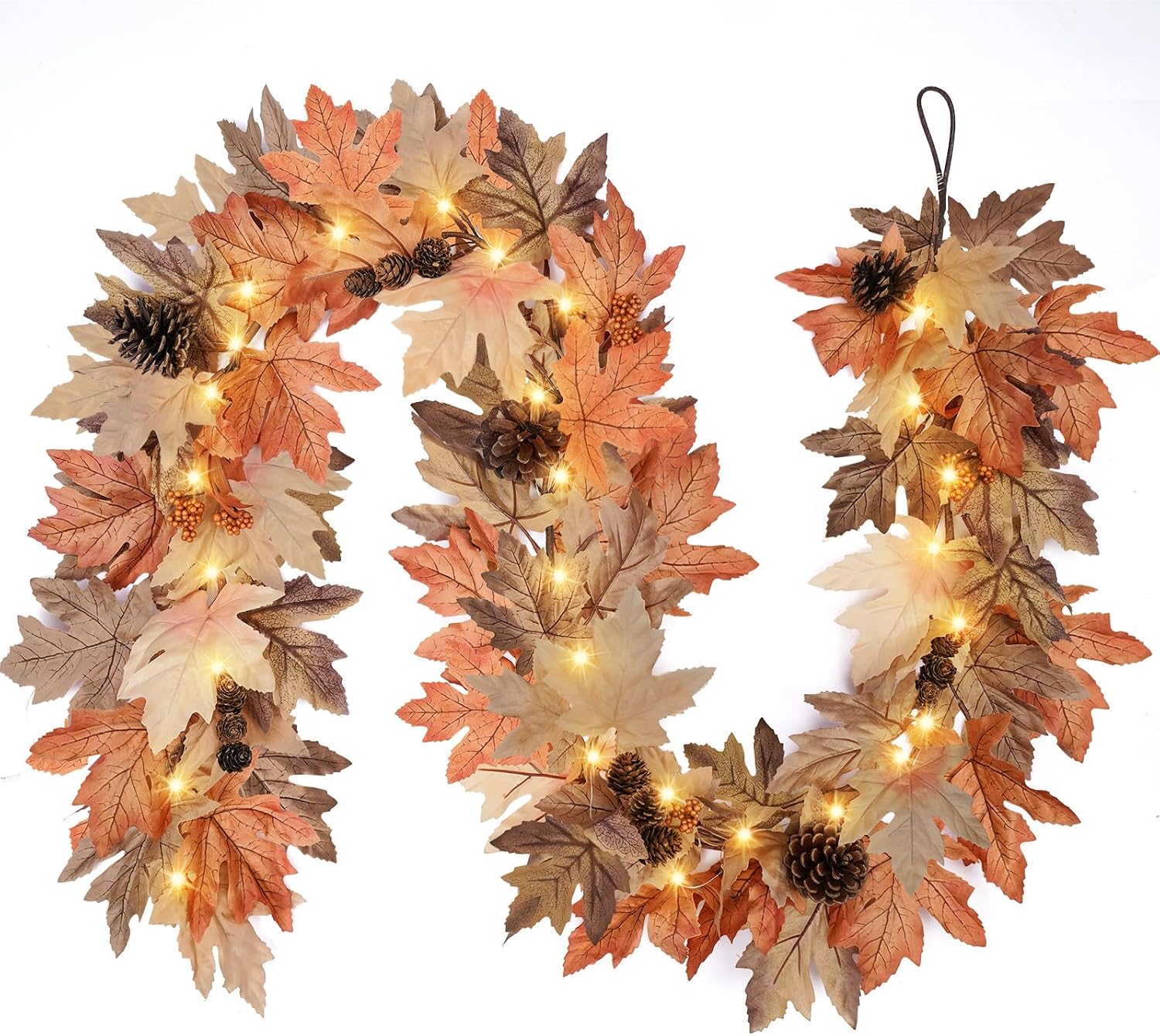 6 Ft Fall Garland with Lights, Artificial Thanksgiving Autumn Mantel Decor | 30 Warm LED Lights, 6H Timer, Maple Leaves, Berries and Pine Cones, Lighted Porch Table Autumn Decor