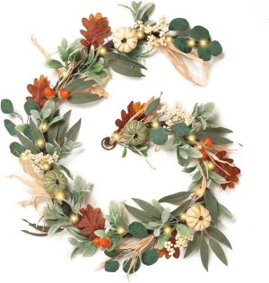 Valery Madelyn 6ft Fall Garland for Mantle with Pumpkins | Lambs Ear Leaves Garland with Lights Autumn Thanksgiving Harvest Table Centerpiece Decorations for Home Porch Fireplace Decor