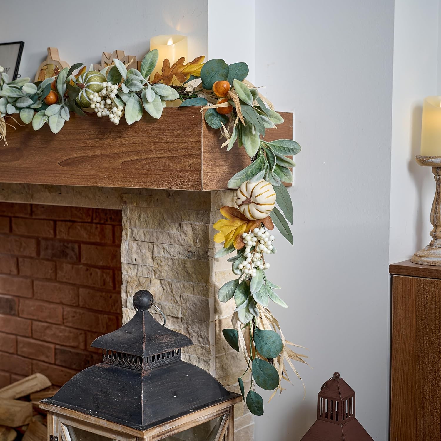 6ft Lighted Fall Garland with Pumpkins & Lambs Ear. Autumn Table & Mantle Decor. - Image 2