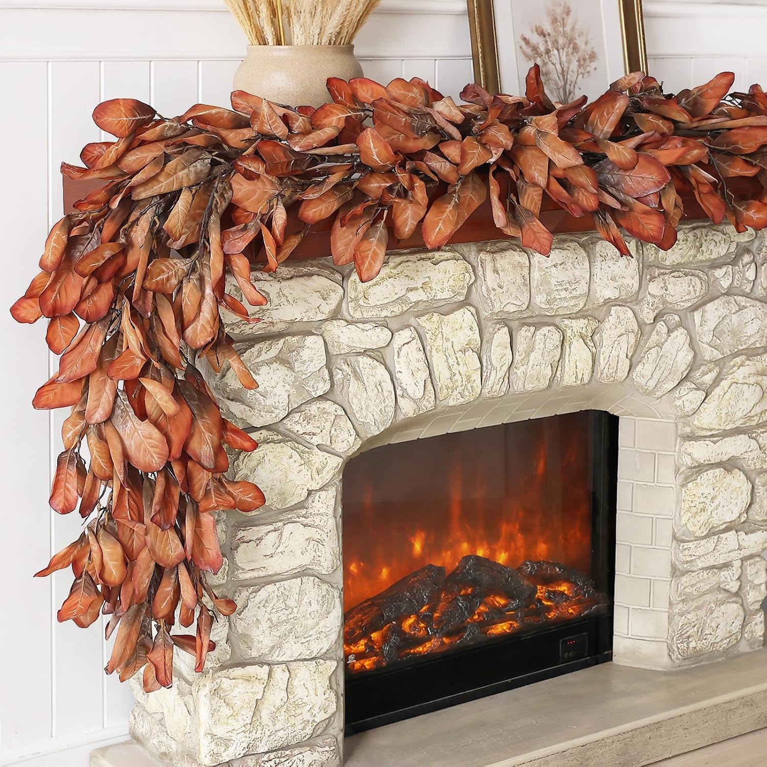 6 FT Artificial Fall Magnolia Leaf Garland for Fireplace Decoration(Orange) | Faux Magnolia Leaves Garland, Fake Plant Hanging Garland, for Mentle Stairs Window Home Farmhouse Indoor Autumn Decoration