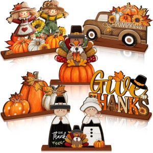 Yousoontic 6 Pcs Fall Thanksgiving Table Decor,Cute,Bright Orange | Wooden Thanksgiving Table Decorations Centerpieces, Thanksgiving Decorations, Give Thanks, Pumpkin & Truck Tabletop Signs