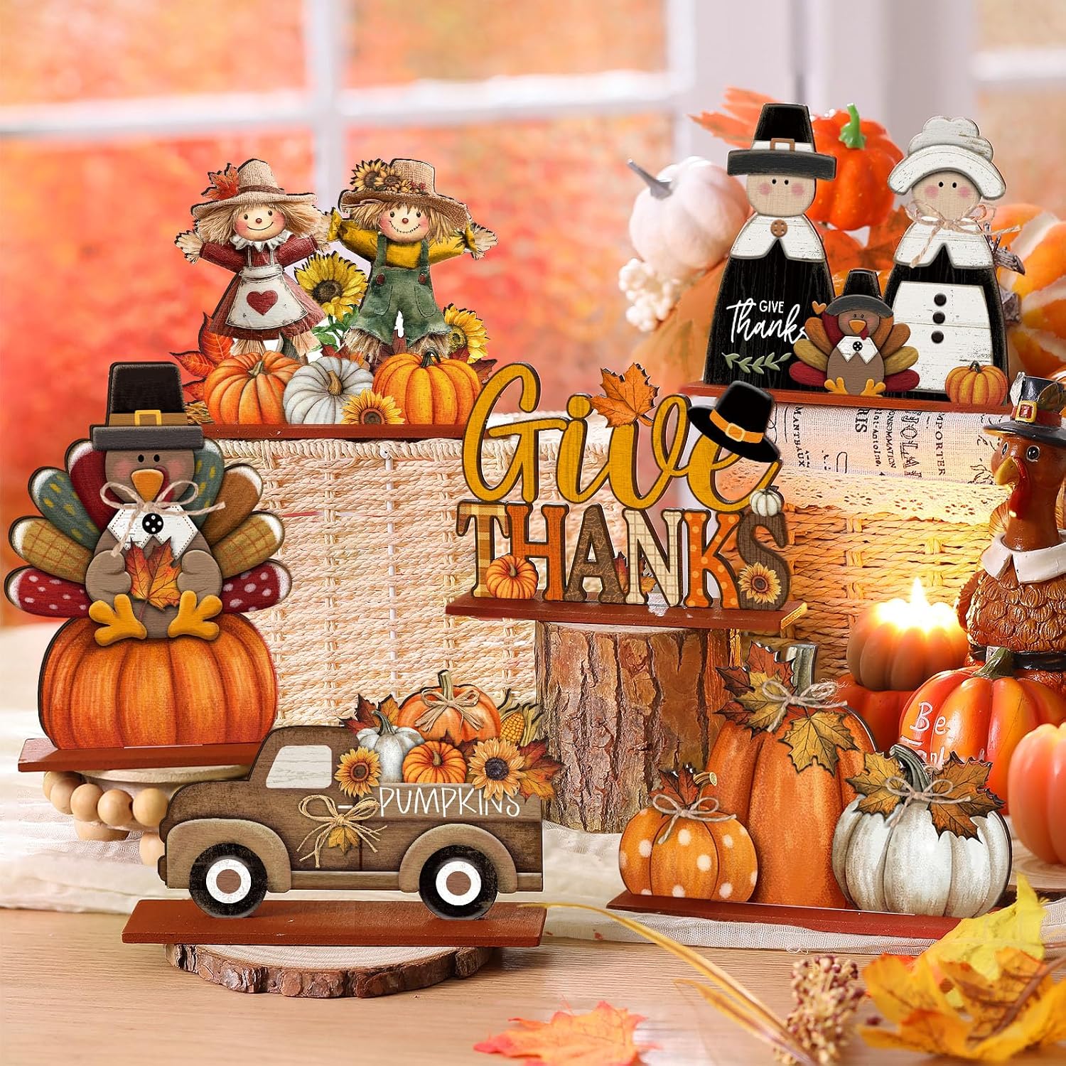 6pc Wooden Fall Thanksgiving Table Decor: Cute Orange Pumpkin & Truck - Image 2