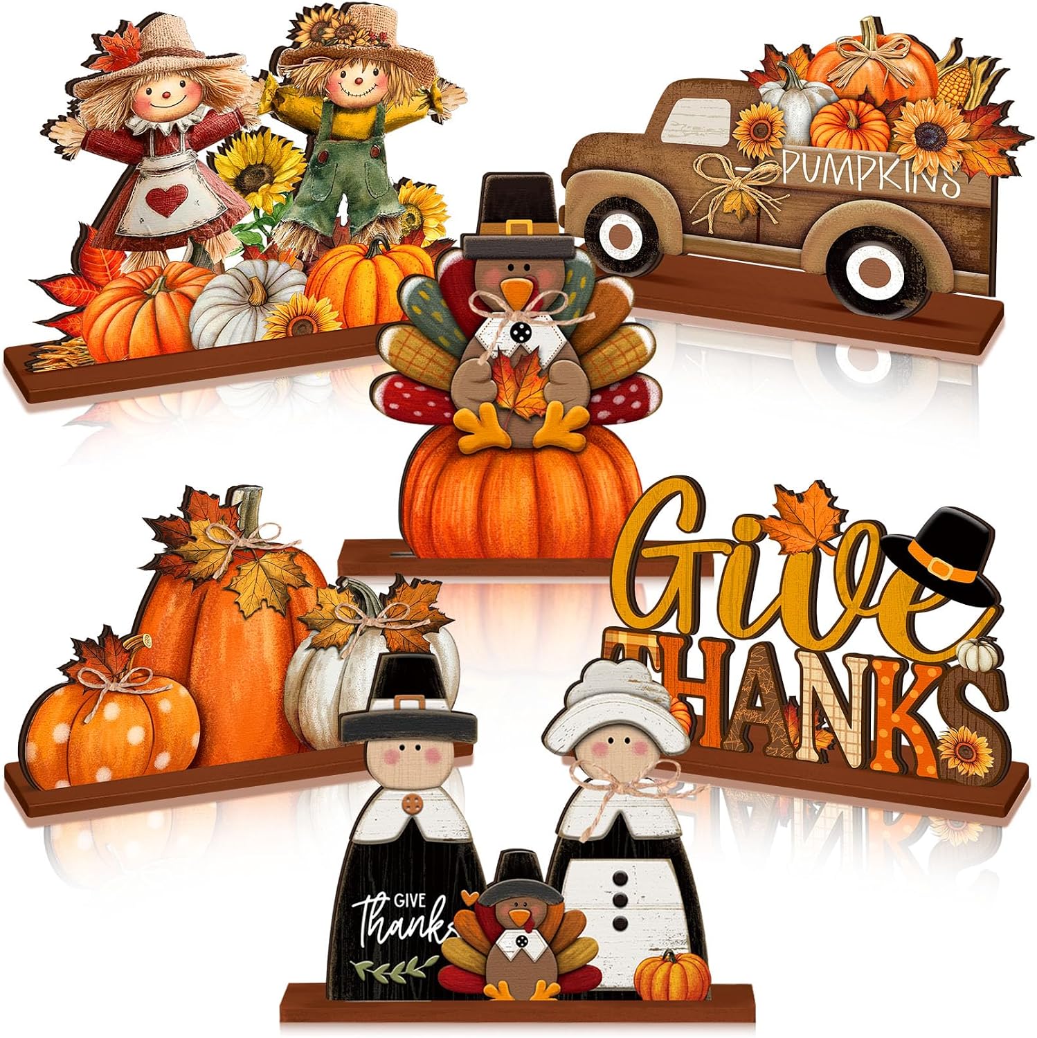 Yousoontic 6 Pcs Fall Thanksgiving Table Decor,Cute,Bright Orange | Wooden Thanksgiving Table Decorations Centerpieces, Thanksgiving Decorations, Give Thanks, Pumpkin & Truck Tabletop Signs