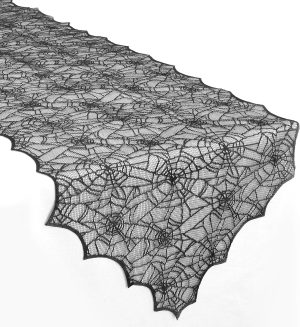 Halloween Table Runner, 72 Inches Long Black Lace Spider Web Table Runner Placemats Netting Backdrop Halloween Decorations Indoor Desk Centerpiece Kitchen Coffee Accessories Farbic Decor Topper