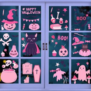 72 PCS Pink Halloween Window Clings Decor | 9 Sheets Halloween Window Stickers Decoration for Glass Windows with Cute Cats Ghost, Double-Sided Windows Decals for Party