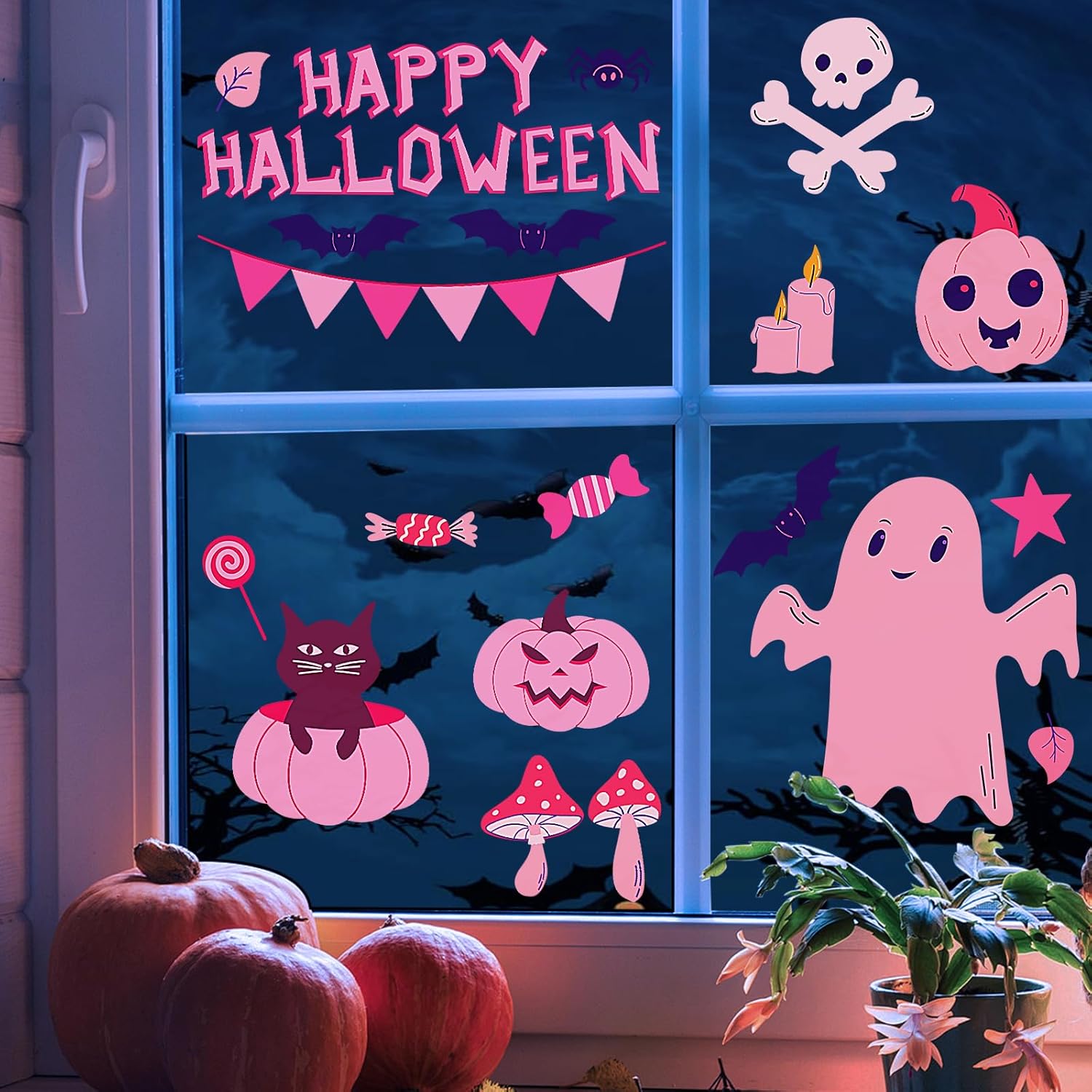 72 Pink Halloween Window Clings: Cute Cats & Ghosts, Double-Sided Glass Decor - Image 2