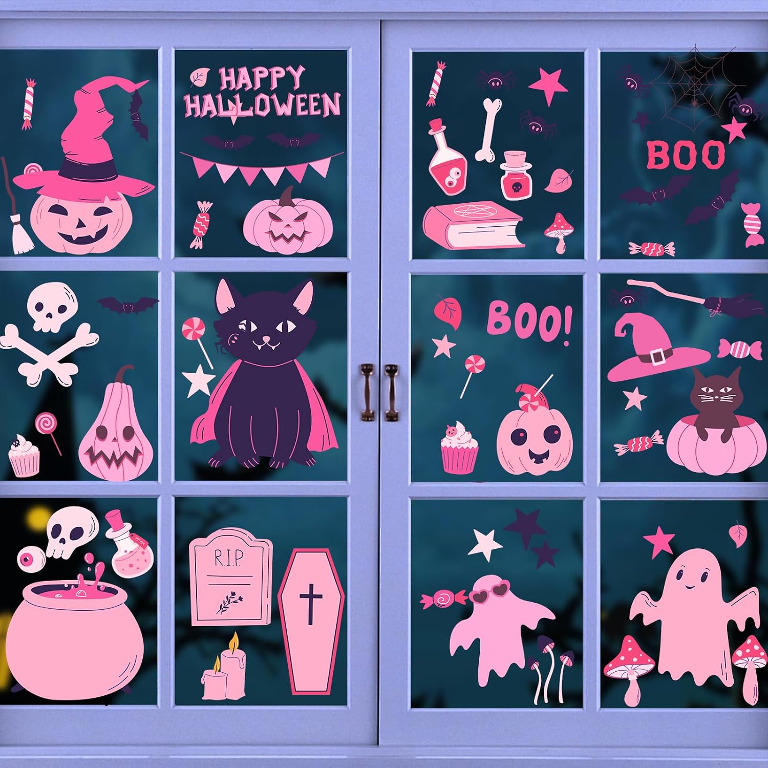 72 PCS Pink Halloween Window Clings Decor | 9 Sheets Halloween Window Stickers Decoration for Glass Windows with Cute Cats Ghost, Double-Sided Windows Decals for Party