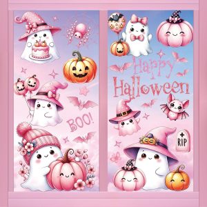 Pink Halloween Window Clings Sticker with Cute Ghost and Spider,9 Sheets | 77 PCS Glue-Free, No Residue, Double-Sided, Reusable PVC Pink Ghost Clings for Home Classroom Office Party Decoration