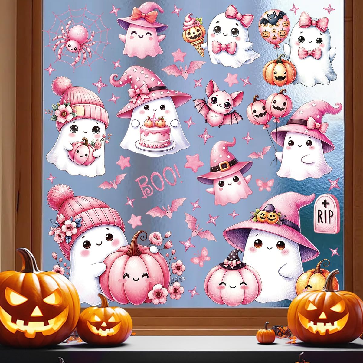 77 Pcs Pink Ghost Spider Halloween Window Clings – Reusable, Double-Sided PVC Decor - Image 2
