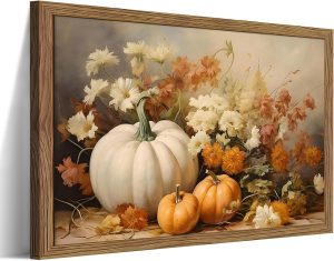 Framed Fall Pumpkin Wall Art - White Pumpkin and Autumn Floral Canvas Print, Rustic Farmhouse Harvest Halloween Thanksgiving Wall Decor for Living Room Bedroom Dining Room, 8x10in Wood Frame