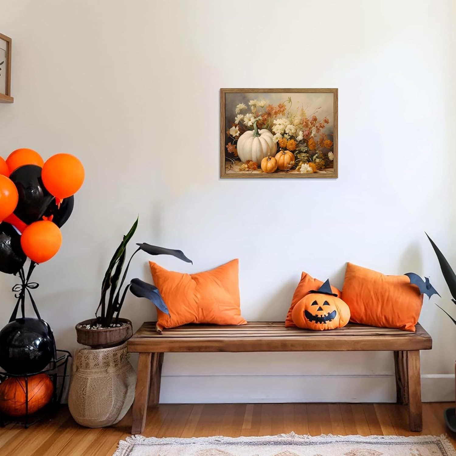 8x10" Rustic Farmhouse Framed White Pumpkin & Floral Fall Canvas Art - Image 2
