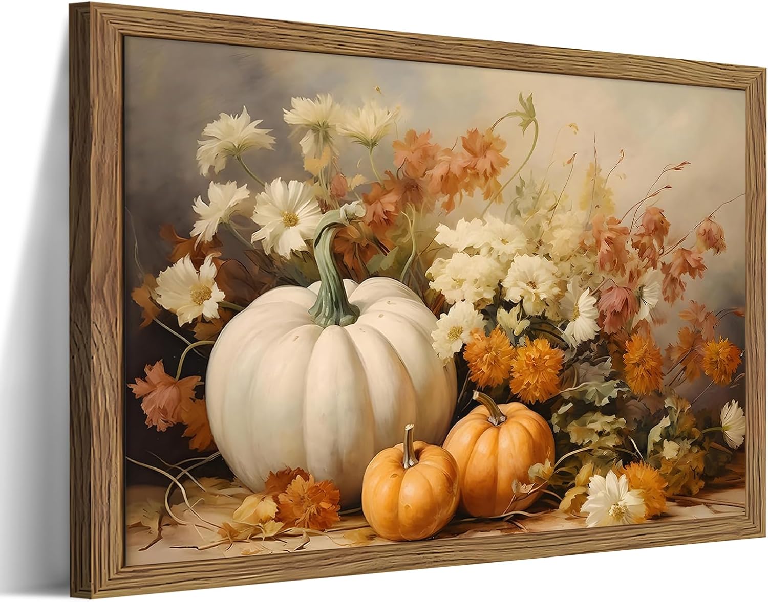 Framed Fall Pumpkin Wall Art - White Pumpkin and Autumn Floral Canvas Print, Rustic Farmhouse Harvest Halloween Thanksgiving Wall Decor for Living Room Bedroom Dining Room, 8x10in Wood Frame