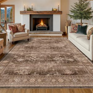 Boho Taupe Brown Living Room Rug 8x10 - Modern Vintage Traditional Eclectic Oriental Neutral, Washable Low Pile Non-Slip Extra Large Area Rugs for Dining Under Table Bedroom Lounge