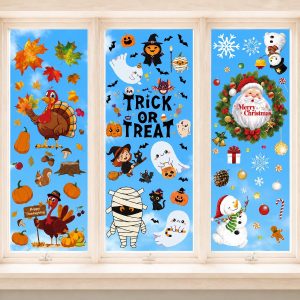 Window Clings for Halloween, Thanksgiving, Christmas, Halloween Decor | 9 Sheets Reusable Static Window Decals, Halloween Stickers for Home, Bathroom Window Decorations, No Residue