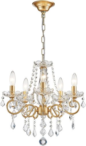 Shop Kitchen Tools & Home Decor ANJIADENGSHI Mini Crystal Chandelier K9 Crystal Gold Chandelier for Living Room Bedroom Dining Room Kitchen Island Entryway 5 E12 Bulbs High 16.5 in x Diameter 16.9 in, Golden