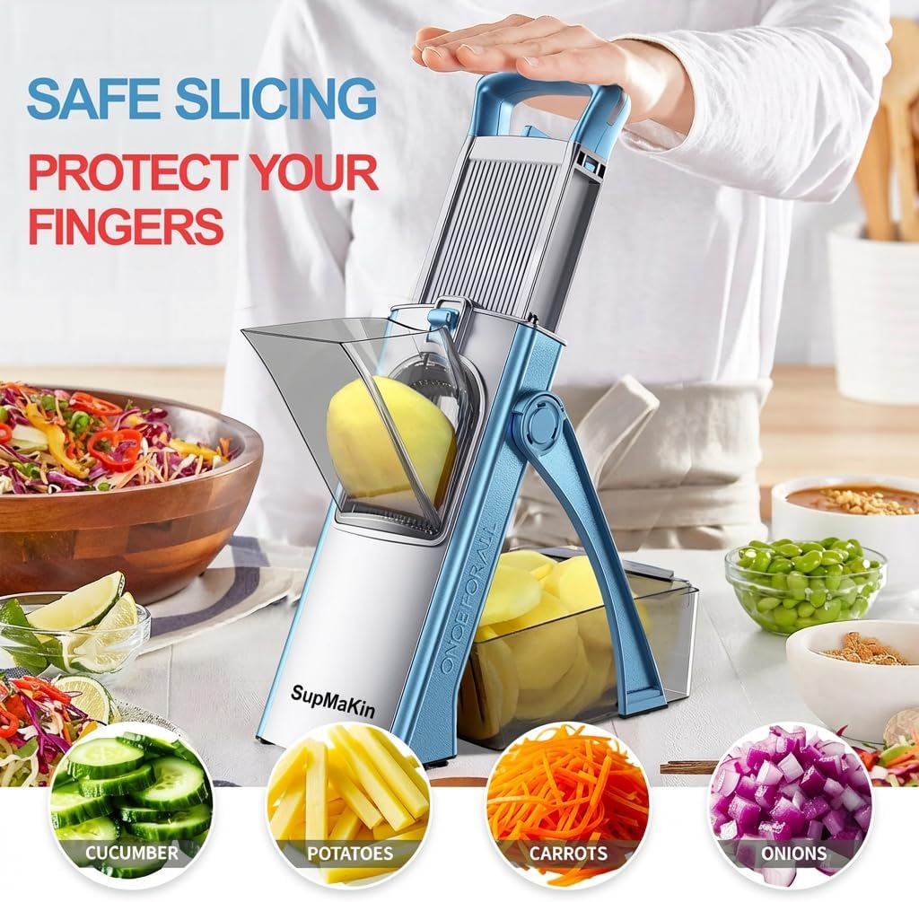 Adjustable Safe Mandoline Slicer with Veggie Chopper & Fry Cutter, Foldable, Dishwasher Safe - Image 2