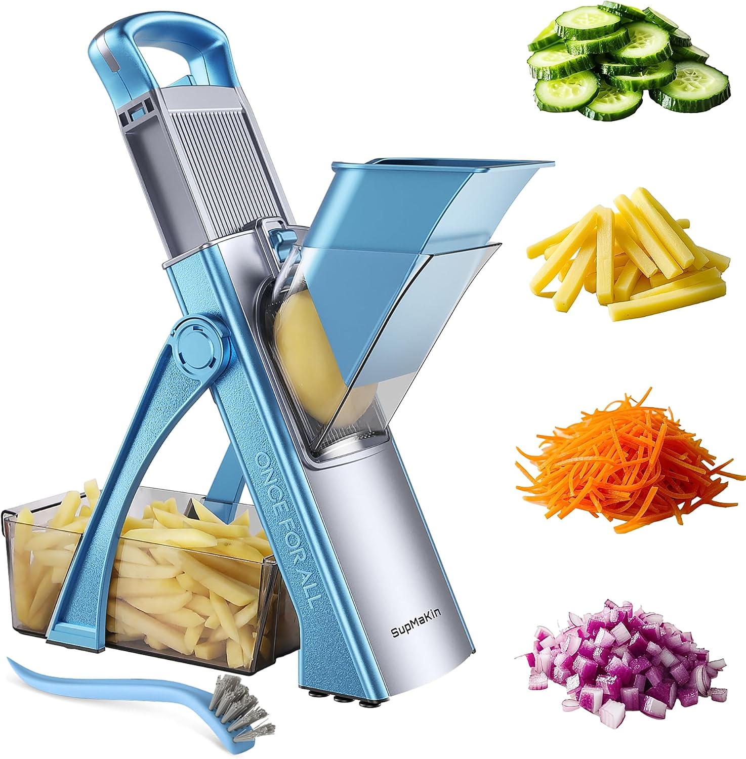SupMaKin Upgrade Safe Mandoline Slicer Plus, Vegetable Chopper, Potato Slicer, Food Slicer Onion Chopper, Fry Cutter, Veggie Salad Dicer Kitchen Chopping Artifact Gifts (Blue) | 0.1-8mm, Cut Resistant Stainless Steel Blades,Potato Fry Cutter, Onion Chopper, Detachable,Foldable Dishwasher Safe, Gifts