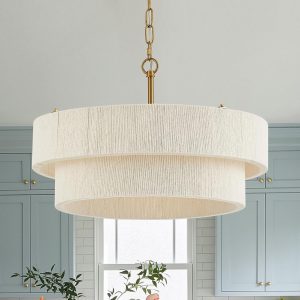 20”Hand Woven Rattan Chandelier Boho Pendant Light Adjustable Coastal Pendant Light for Kitchen Island Dining Living Room, White, UL Listed