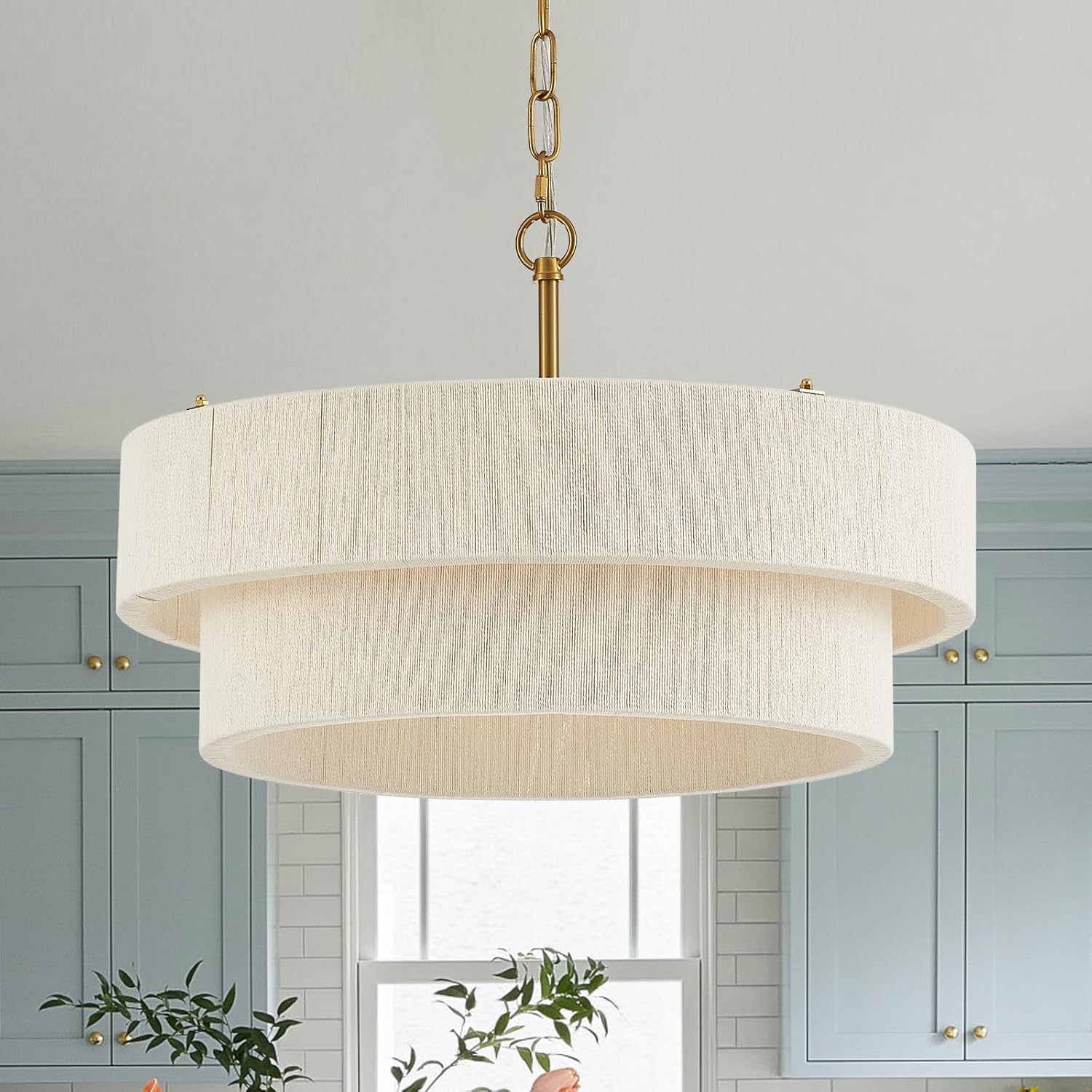 20”Hand Woven Rattan Chandelier Boho Pendant Light Adjustable Coastal Pendant Light for Kitchen Island Dining Living Room, White, UL Listed