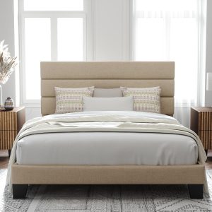 Allewie Queen Size Platform Bed Frame with Fabric Upholstered Headboard | Wooden Slats Support, Fully Upholstered Mattress Foundation, No Box Spring Needed, Easy Assembly, Noise-Free, Beige